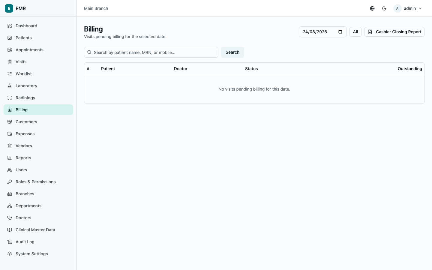 Erizon EMR billing screen