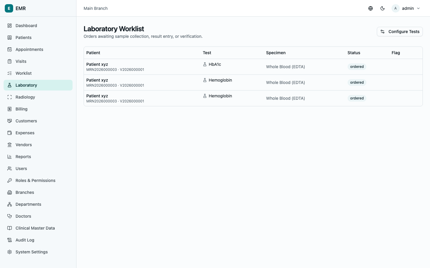 Erizon EMR laboratory worklist