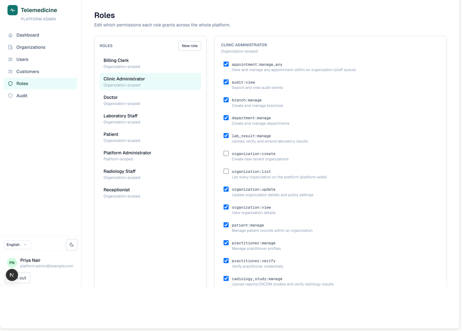 Erizon Telemedicine roles and permissions editor