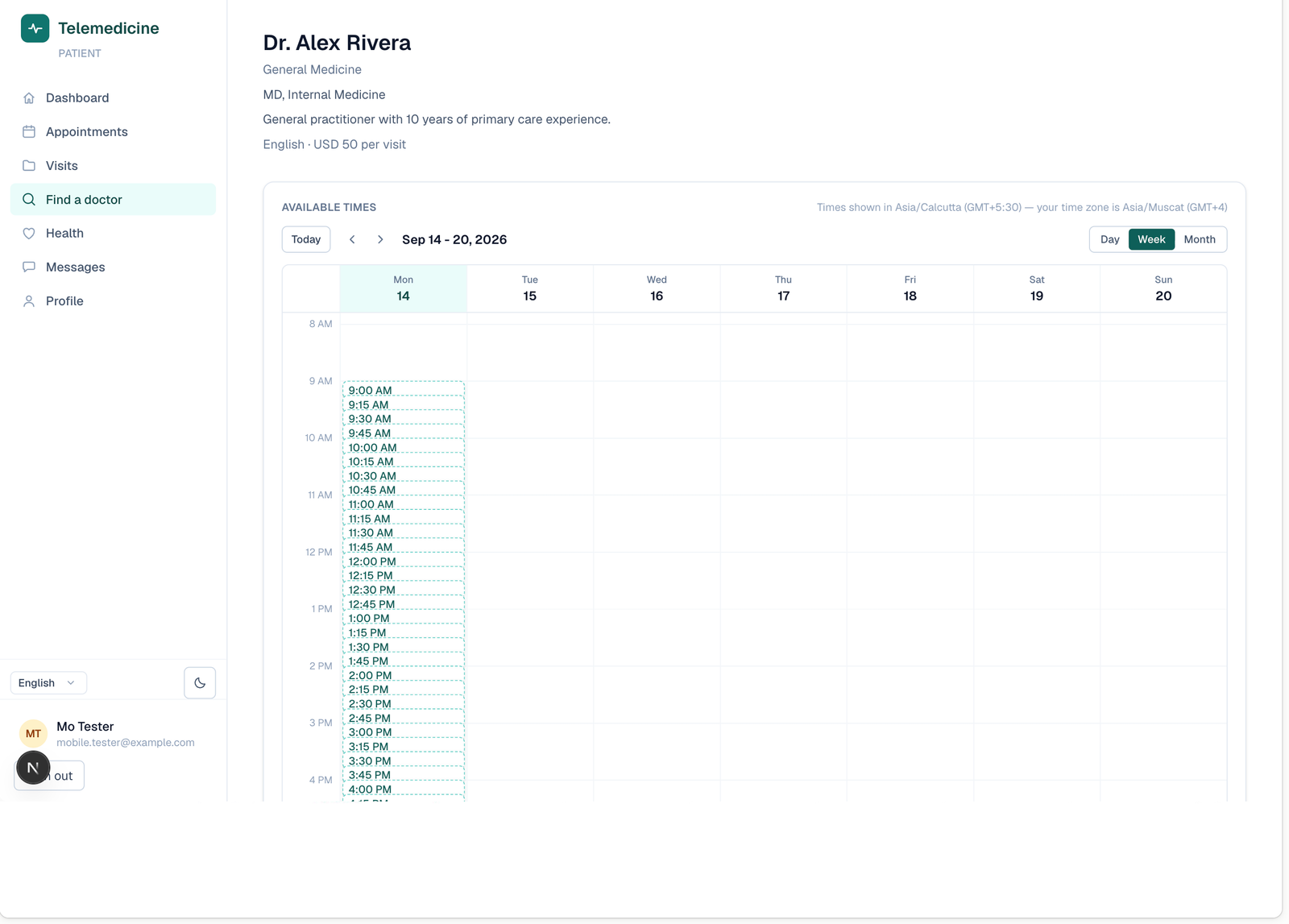 Erizon Telemedicine doctor booking screen